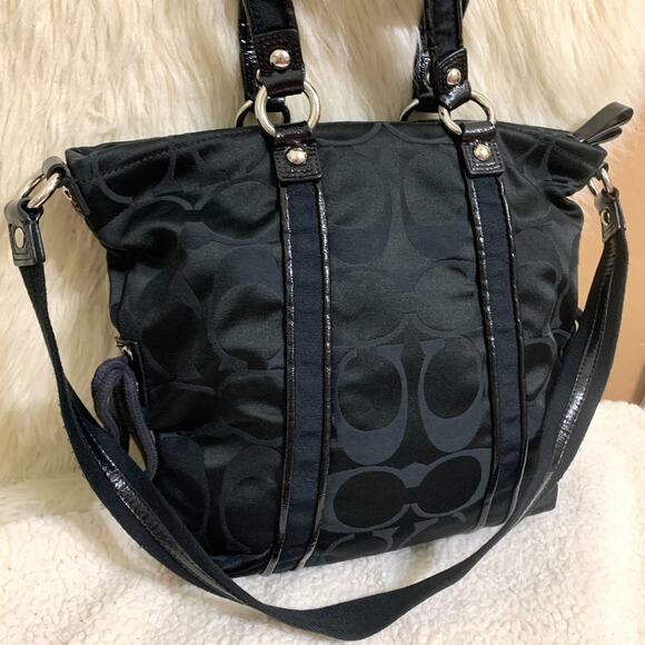 COACH POPPY DAISY Black Signature Sateen Canvas Drawstring SPOTLIGHT Tote F20101 - Picture 15 of 16